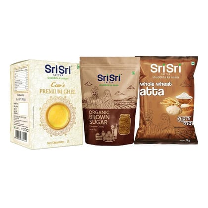 Sri Sri Tattva Staple Basket (Cow's Premium Ghee, Organic Brown Sugar, Whole Wheat Atta)