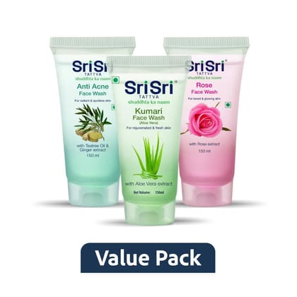 Face Wash Trio : Rose, Anti-acne, Aloevera Each150 ml