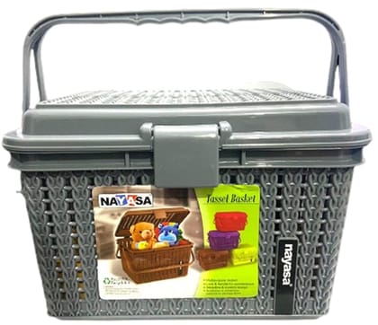 Mannat Tassel Multipurpose Flexible Storage Basket for Fruit,Vegetable,Bathroom,Office,Cosmetics,Stationary,Home Basket with Handle and Lid(Set of 1,Grey)