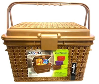 Mannat Tassel Multipurpose Flexible Storage Basket for Fruit,Vegetable,Bathroom,Office,Cosmetics,Stationary,Home Basket with Handle and Lid(Set of 1,Brown)
