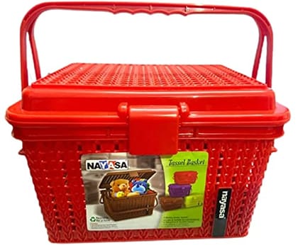 Mannat Tassel Multipurpose Flexible Storage Basket for Fruit,Vegetable,Bathroom,Office,Cosmetics,Stationary,Home Basket with Handle and Lid(Set of 1,Red)