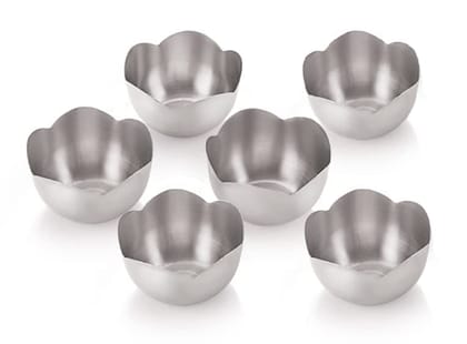 Kneaders Stainless Steel Multipurpose Serving Bowl, Ice Cream Bowl / Dessert Bowl / Sabji Plate, 6 Piece Flat Bottom Flower Shape Bowl