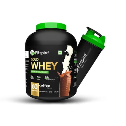 Fitspire 100% Gold Isolate Whey Protein 2 kg with Shaker | Muscle Growth, Recovery | No Added Sugar, Low Carbs, Zero Cholesterol & Gluten Free | ISO Certified | Coffee