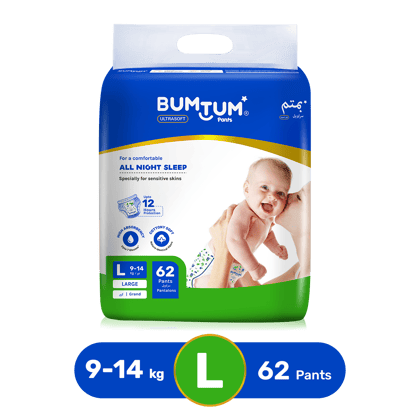 BUMTUM Baby Diaper Pants with Double Leakage Protection - 9 to 14 Kg (62 Count, Large, Pack of 1)