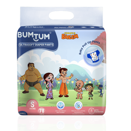 Bumtum Chota Bheem Baby Diaper Pants with Leakage Protection -4 to 8 Kg (Small, 78 Count, Pack of 1)