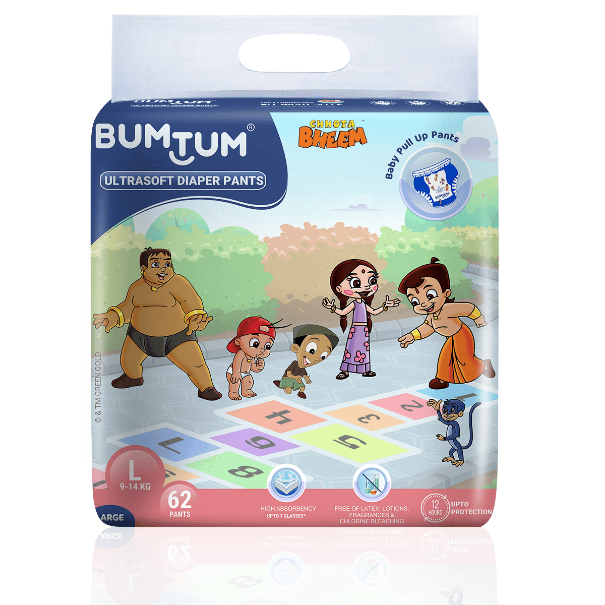 BUMTUM Chota Bheem Baby Diaper Pants with Leakage Protection -9 to 14 Kg (Large, 62 Count, Pack of 1)