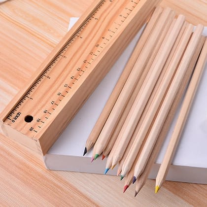 URBAN CREW Wooden Pencil Set | Box with 12 Different Crayon Colour Pencils | Scale (Ruler) and Wooden Sharpener Pencil Box for Architect | Artist | Kids | Designer Case (1 PC)