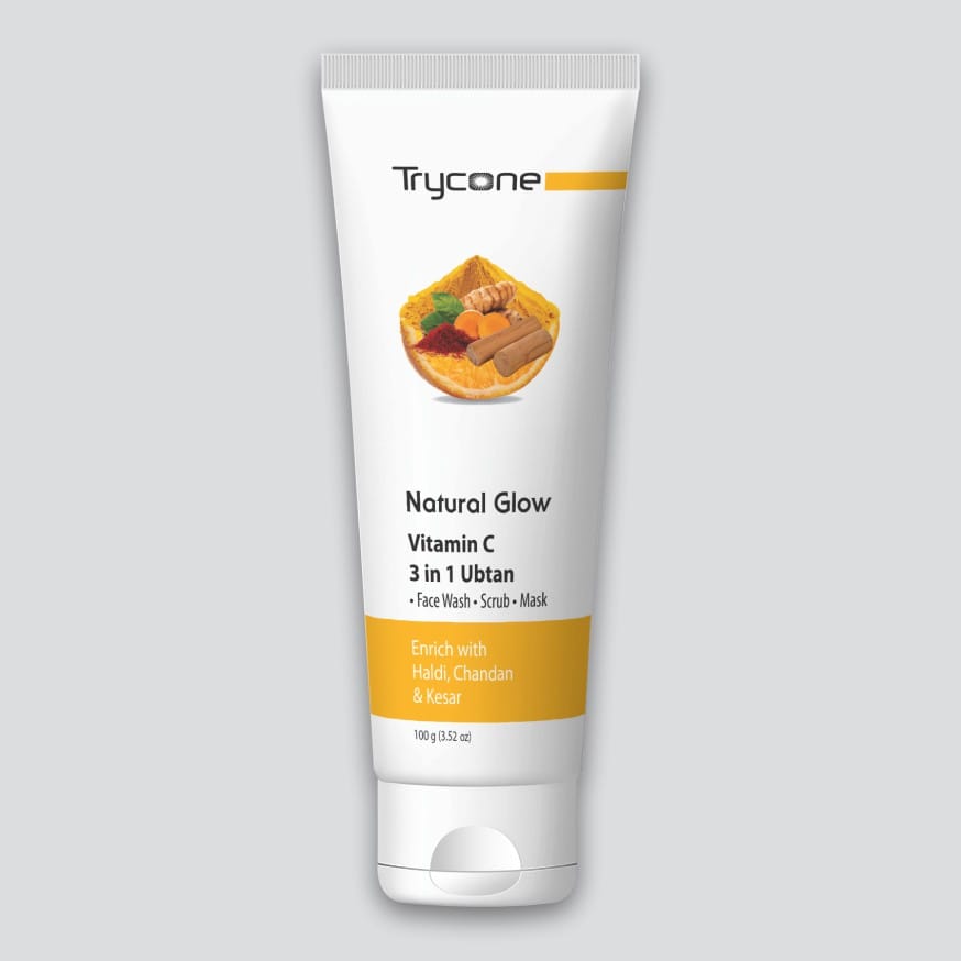 Trycone Natural Glow Vitamin C 3 in 1 Ubtan Face Wash, Scrub & Mask enriched with Haldi, Chandan and Kesar – 100 Gm