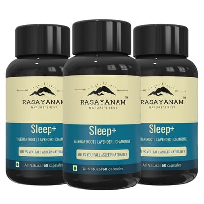 Rasayanam Sleep+ PACK OF 3 | Valerian Root, Lavender, Chamomile | Helps calm & sleep naturally | Non habit forming
