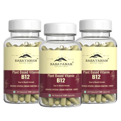 Rasayanam Plant Based Vitamin B12 (Cobalamin) PACK OF 3 | Wheatgrass, Moringa, Amla, & Beetroot | Supports Nervous System & Brain Function | 360 Veg Capsules for Men & Women