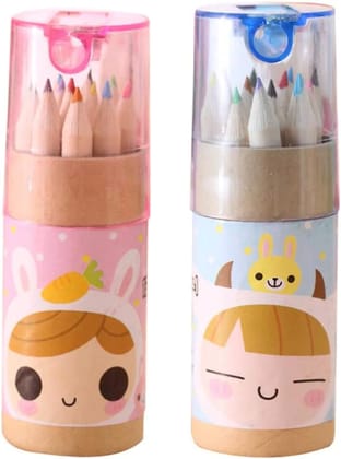 URBAN CREW 24 COLOURING PENCILS KIDS SET, PENCILS SHARPENER, MINI DRAWING COLORED PENCILS WITH SHARPENER, KAWAII MANUAL PENCIL CUTTER, COLORING PENCIL ACCESSORY SCHOOL SUPPLIES FOR KID ARTISTS WRITING SKETCHING
