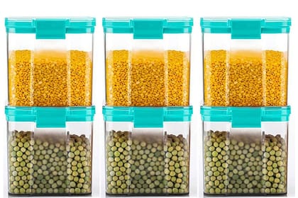 HASHONE Lock & Lock Classic Square Plastic Airtight Grocery Storage, Cereal Dispenser Storage Container 700 ml (Pack OF 6, Sea Green)