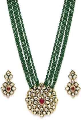 HASHONE Crystal Shine Multistrand Beads Ethnic Kundan Necklace & Earring Set For Women