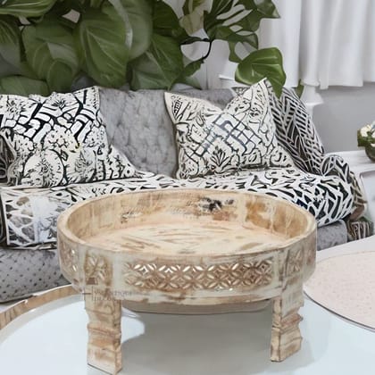 VM ANTIQUE DECOR Wood Indian Antique White Wash Unique Carved Round Chakki Bowl Table Home Decor Furniture