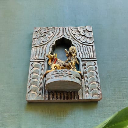 VMAntique Decor Handicraft Carved Pooja-Stand Jharokha, Wall Hanging God-Statue Stand,Wooden Blue-Background Wall-Jharokha, Pooja-Room Decors Jharokha