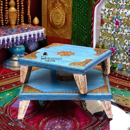 Vm Antique Decor Handicraft Blue-Background Pooja-Bajot Cum Lamp-Table,Brass-Embossed Beautiful Wooden-Chowki,Home-Living Dining-Bajot