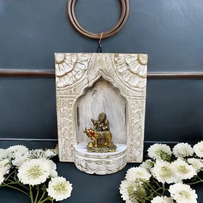 VM ANTIQUE DECOR Handicraft Carved Pooja-Stand Jharokha, Wall Hanging God-Statue Stand,Wooden Wall-Jharokha In White-Background, Pooja-Room Decors Jharokha