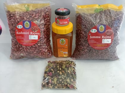 Combo pack of (Kashmiri Rajmah 1kg, JAMMU RAJMAH 1KG ,kesar honey 500 g ,Kashmiri mongra saffron 1 gram ,Kashmiri qahwa 100 gram