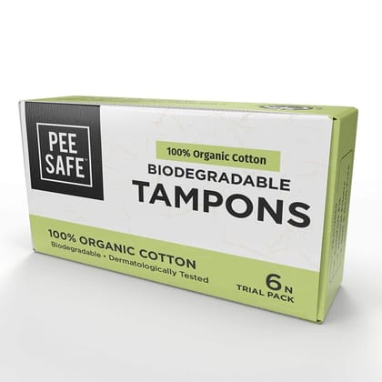 Pee Safe Organic Cotton, Biodegradable Tampons, Trial Pack, 6 Tampons - 2 Regular, 2 Super, 2 Super Plus | Comfortable & Stain-Free Experience | Ultra Soft & Highly Absorbent | Rash & Irritation Free | Skin Friendly | FDA Approved