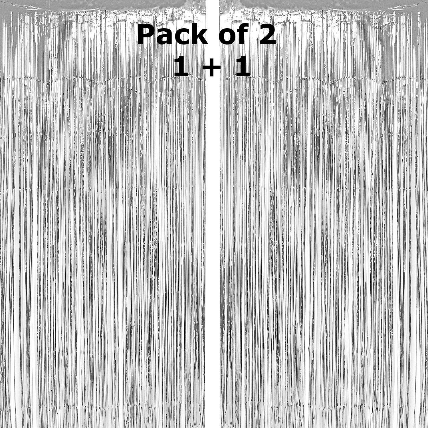 BLODLE Silver Fringe Foil Curtains, 2 Pack Silver Backdrop Foil Curtains, Metallic Backdrop Streamer for Baby Shower, Party Birthday - (Pack of 2 Pcs)