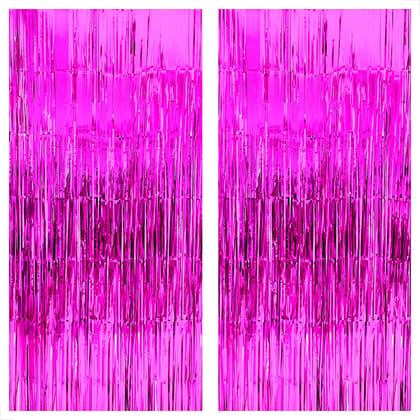 BLODLE Pink Fringe Foil Curtains, 2 Pack Pink Backdrop Foil Curtains, Metallic Backdrop Streamer for Baby Shower, Party Birthday - (Pack of 2 Pcs)