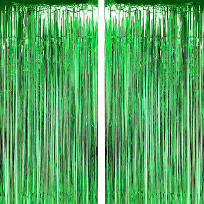 BLODLE Green Fringe Foil Curtains, 2 Pack Green Backdrop Foil Curtains, Metallic Backdrop Streamer for Baby Shower, Party Birthday - (Pack of 2 Pcs)