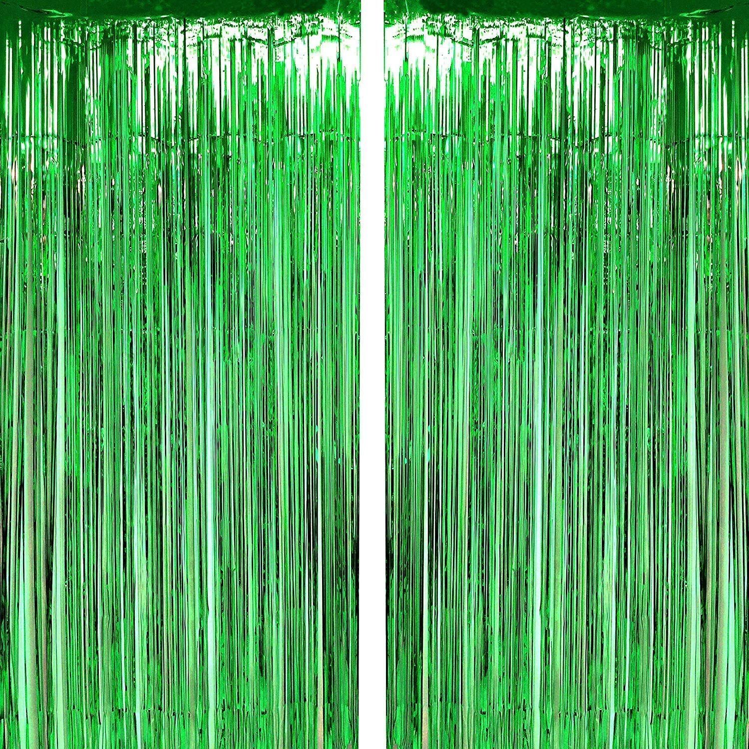 BLODLE Green Fringe Foil Curtains, 2 Pack Green Backdrop Foil Curtains, Metallic Backdrop Streamer for Baby Shower, Party Birthday - (Pack of 2 Pcs)