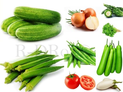 Combo of 9 Vegetables Seeds - Tomato, Bitter Gourd, Cucumber, Coriander, Brinjal White, Bottle Gourd, Okra Lady Fingers, Chilly Green. Onion Waran MC5.2