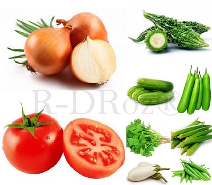 Combo of 9 Vegetables Seeds - Onion Waran, Tomato, Bitter Gourd, Cucumber, Coriander, Brinjal White, Bottle Gourd, Okra Lady Fingers, Chilly Green MC5.1