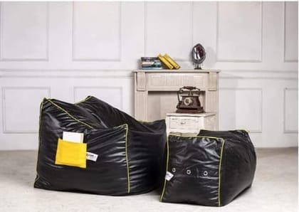 Nest Bedding Chair Bean Bag Cover with Foot Stool Square Bean Bags with Rest Bedroom Living Room, Office & Home (Black Yellow, Without Beans)