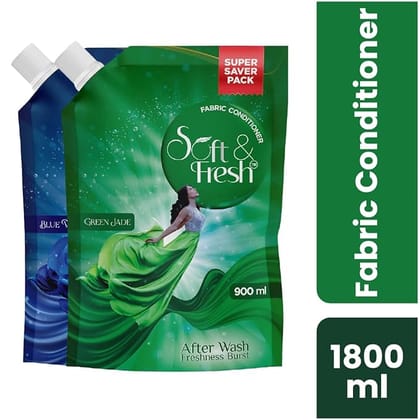 Soft & Fresh combo Pack of Green Jade & Blue Wave 2X900ml, best fabric conditioner softener increase freshness and softness 900ml refill pouch Pack of 2