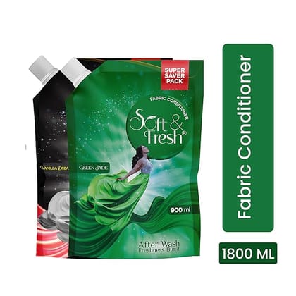Soft & Fresh combo Pack of Green Jade & Vanilla Dreams 2X900ml, best fabric conditioner softener increase freshness and softness 900ml refill pouch Pack of 2