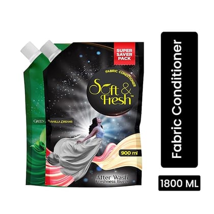 Soft & Fresh combo pack of Vanilla Dreams & Green Jade 2X900ml, best fabric conditioner softener increase freshness and softness 900ml refill pouch Pack of 2
