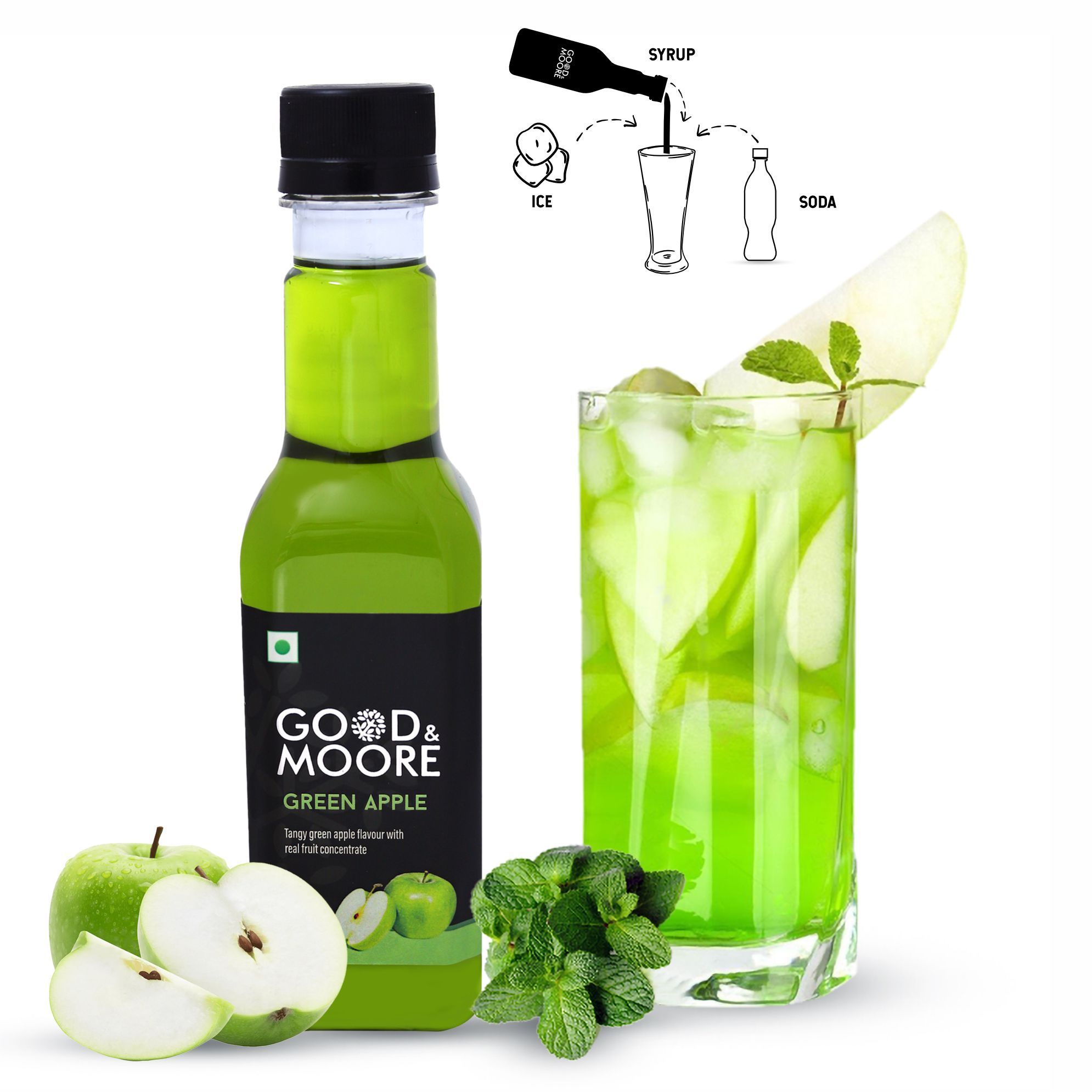 GOOD&MOORE Green Apple Syrup | 250ml | For Cocktail, Mocktail, Sodas, Ice-teas and more | Concentrated Syrup