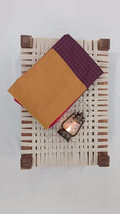 Noil silk checked border saree Brown and mustard yellow