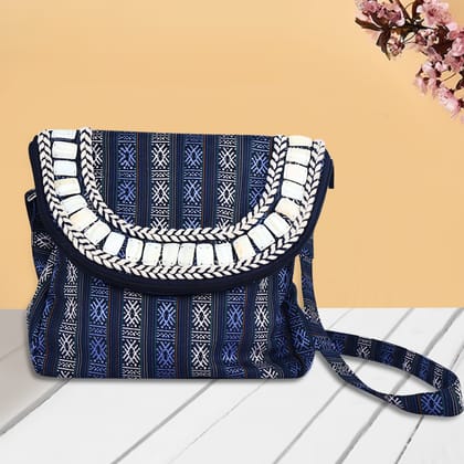 Cotton Sling Bag In Blues With Handwork