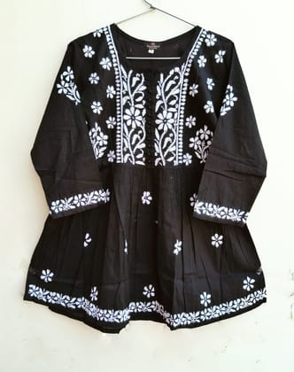 Women Chikankari hand Embroidered Cotton Blend Flared short Kurta/Top  (Black)