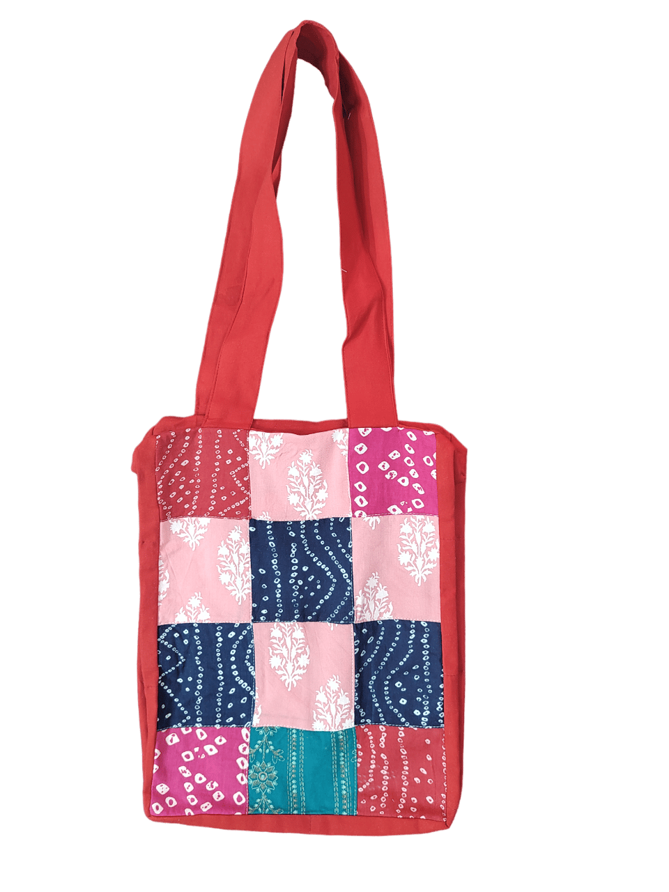 NIRJHARI Handmade Cotton Cloth Patchwork Handbag Pink & Green (Big) Pack of 1