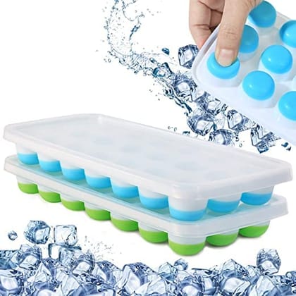 MANNAT 2pc 21 Cavity Pop Up Ice Cube Trays with Lid for Freezer with Easy Release Flexible Silicone Bottom, Stackable, 100% BPA Free, Food Grade (Multicolor/Random Color Sent)