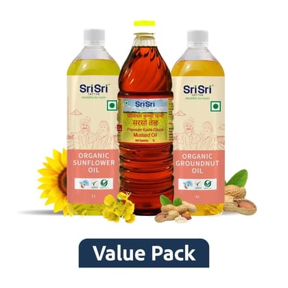Sri Sri Tattva Edible Oils Value Pack of 3 | Org Sunflower Oil, Org GroundNut Oil and Org Mustard Oil | (1L X 3)