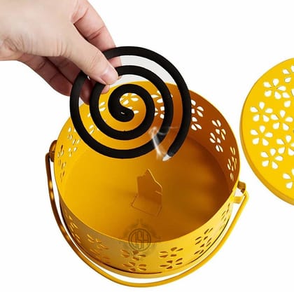 DSH Mosquito Coil Box with Handle Metal Hollow Out Mosquito Coil Holder Fireproof Incense Round Shape Coil Incense Burner (Yellow)