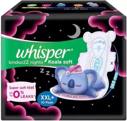 Whisper Bindazzz Night Koala Soft XXL+ Sanitary Pads - 60% Longer With Upto 0% Leaks, 10 Pads(10 Pcs)