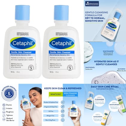 Cetaphil Gentle Skin Cleanser |Dry to Normal Skin with Niacinamide |Dermatologist Recommended (125ml each) Pack of 2
