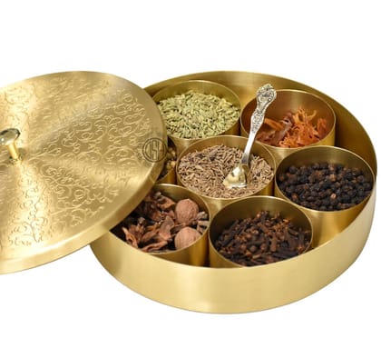 Pure Brass Spice Box (Masala Dani) Set With 1 Spoon And 7 Containers For Kitchen Floral Design. (7 inch)