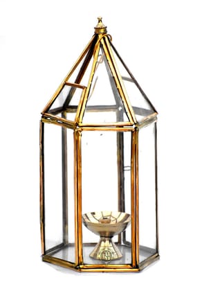 Hanging Lanter Metal Frame and Glass with Brass Diya Akhand Deepak Oil Lamp,Tea Light Holder Lantern for Table-TopWall-Hanging,Indoor and Outdoor Decoration.(Lantern deep -Big)