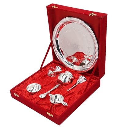 Pooja Thali Set silver plated of 7 Pcs with Velvet Gift Box Packing for Poojan Purpose Home Temple