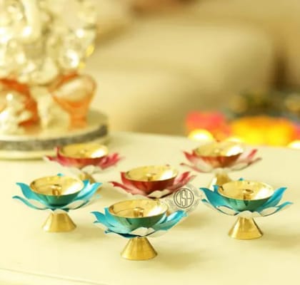 Brass Diyas for Pooja Room Lotus Shape Set of 6 with Gift Box Akhand Jyot Diya Deepak Set for Diwali Festival Gift Item