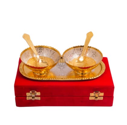 Silver and Gold Plated Snacks and Dessert Bowl with Spoon and Tray Set for Home Decor Item with Velvet Box