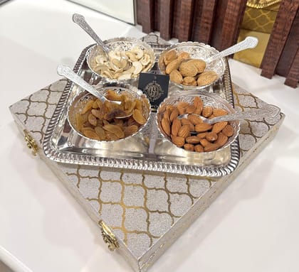 Silver Plated Bowl Set with Tray and Spoon (Set of-9 Piece) Used for Dry Fruit and Home Decor for Birthday, Anniversary, Diwali, Return Gift Items .(S-504-CAPLm-9P-SRB)