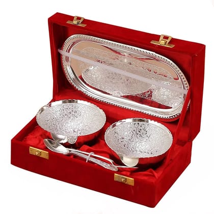Silver Plated Bowl Sets with Tray and Spoon Used for Dry Fruit, Sweets and Home Decor with Velvet Box Birthday, Anniversary, Diwali, Return Gift Items